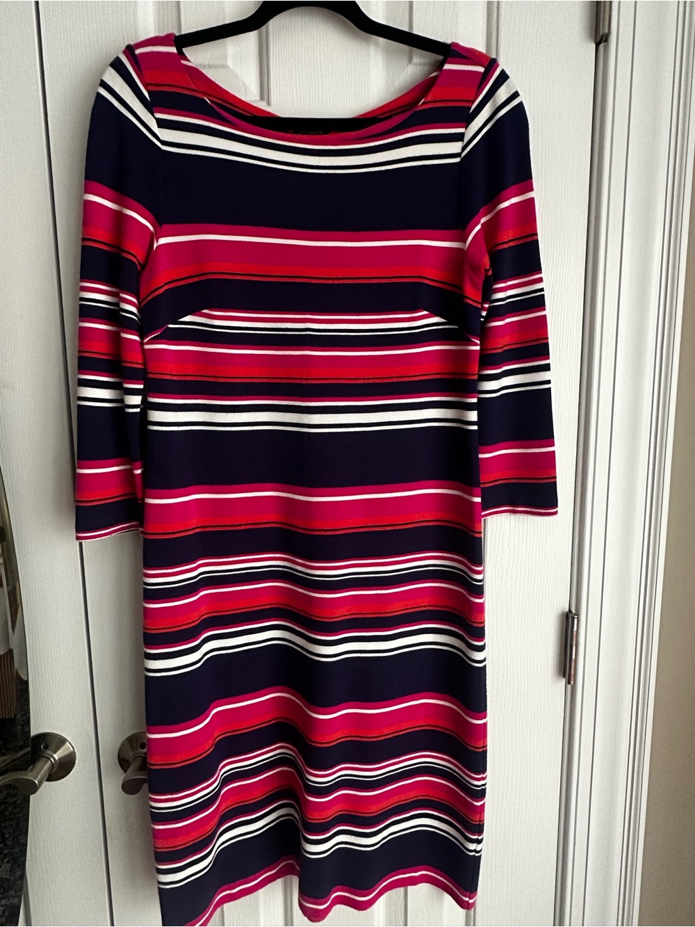 Talbots Navy, Orange and Fuchsia Striped 3/4 Sleeve Sheath Dress